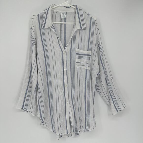 Kona Sol Shirt Womens Medium White Striped Button Down Gauze Cover-Up Beach - Picture 1 of 8